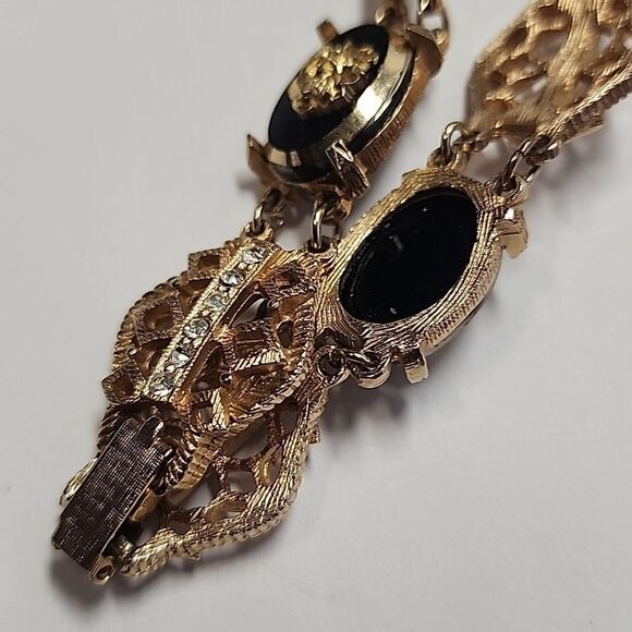 Bracelet Roses on Black w Crystals Costume Jewelry c 1960 - Picture 4 of 4